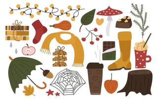 Der Herbst ist eine gemütliche Reihe von Elementen. Regenschirm, Fliegenpilz, Kürbis, Physalis, Bücher, Schal, Kaffee, Schokolade, Kekse, Netz. vektorillustrationssammlung für fallendes design oder dekor. vektor