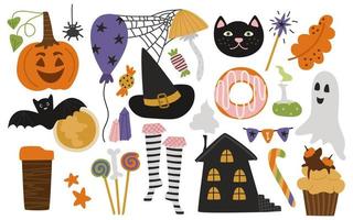 Halloween-Set für den Urlaub. Kürbis, Spinnennetz, Hexenhaus, Trank, Pilze, Mond, Kristalle, Donut, Süßigkeiten, Girlande. vektorillustration lokalisiert für fallendes design und dekor. vektor