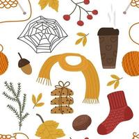 sömlös höst mönster med spindelnät, kaffe, latte, choklad, småkakor, strumpor, scarf, stickning, bär och löv. vektor illustration för värma falla, utskrift på kläder, förpackning, tyg, papper.