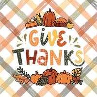 Thanksgiving-Schriftzug Zitat "danke" mit Kritzeleien auf kariertem Hintergrund dekoriert. gut für drucke, karten, poster, einladungen, soziale medien, vorlagen usw. eps 10 vektor