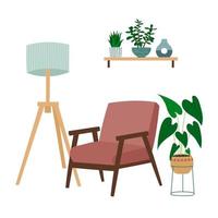 Innenarchitektur des Wohnzimmers mit Sessel, Lampe und Zimmerpflanzen. trendige komposition mit heimtextilien vektor