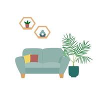 interiör design av levande rum med soffa och krukväxter. trendig sammansättning med Hem dekorationer vektor
