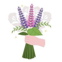 die hand einer frau hält einen strauß aus lupinen und bärenklau. sommerblumen. hochzeitsstrauß. schönes geschenk. vektor