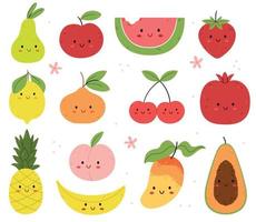 uppsättning av sommar rolig frukt och bär karaktärer.barns illustration. äpple, orange, vattenmelon, jordgubbe, päron, papaya, banan, citron, ananas. sommar blommor. vektor