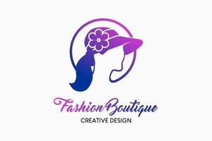 skönhet mode logotyp design med kreativ begrepp av kvinna bär hatt i cirkel. vektor illustration av mode logotyp.