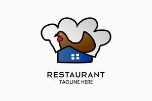 restaurang logotyp design med en kreativ ritad för hand begrepp, en kyckling ikon med en hus ikon kombinerad med en kockens hatt. modern vektor illustration