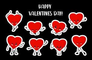 Valentinstag. Satz Aufkleber auf weißem Hintergrund. niedliche kawaii cartoonherzen mit augen und armen und beinen. fröhlicher Herzcharakter roter.. vektor