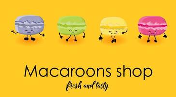 macaroons.card med söt tecknad serie tecken. efterrätt. kaka eller bakning vektor