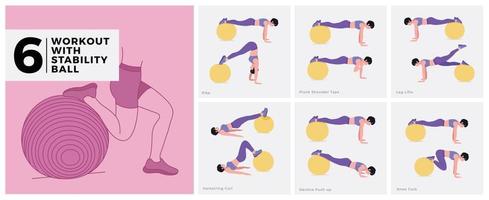 träna övningar med stabilitet boll. kvinnor håller på med kondition och yoga övningar. vektor