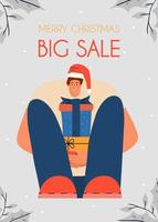 PR baner för jul stor försäljning med man med gåvor. vektor illustration i platt stil
