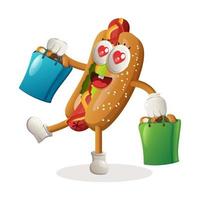 süßes Hotdog-Maskottchen viel Spaß beim Einkaufen vektor