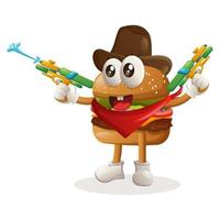 söt burger maskot design spelar med vatten pistol leksak, bär cowboy hatt vektor