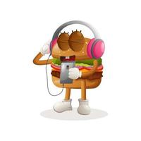 süßes burger-maskottchen-design, das musik auf einem smartphone mit einem kopfhörer hört vektor