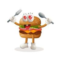 süßes burger-maskottchen-design mit löffel und gabel vektor