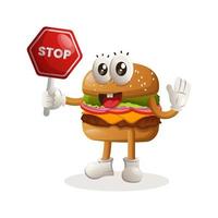 süßes burger-maskottchen-design mit stoppschild, straßenschild, straßenschild vektor