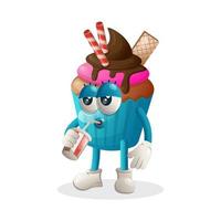 süßes Cupcake-Maskottchen trinkt Soda, Cola vektor