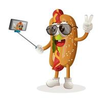 Das süße Hotdog-Maskottchen macht ein Selfie mit dem Smartphone vektor