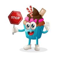 süßes Cupcake-Maskottchen mit Stoppschild, Straßenschild, Straßenschild vektor