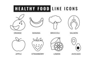 schwarze Symbole für gesunde Lebensmittel auf weißem Hintergrund. isolierte Gliederungselemente für Ihr Design. Vektor-Illustration. vektor