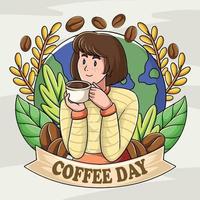 kaffe dag tema med skön flicka dricka kaffe begrepp vektor