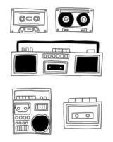 Doodle-Set von Tonbandgeräten der alten Schule und Boombox-Vektorillustration. 90er-Pop-Disco-Tonbandgeräte-Set vektor