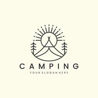 camping med linje konst stil logotyp vektor illustration. tält, Sol, träd äventyr ikon mall design