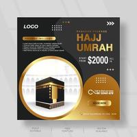 islamischer social-media-post für hajj umrah mit schwarz-goldener farbe vektor