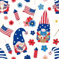 amerikan patriotisk nisser innehav blomma arrangemang, kex, USA flaggor. vektor sömlös mönster. isolerat på vit bakgrund. Semester design för digital papper, bakgrundsbilder.