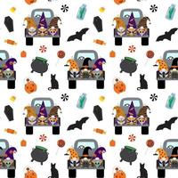 vektor tecknad serie halloween sömlös mönster med nisser på svart lastbil, sötsaker, häxa kittel, Kista, fladdermus, katt. isolerat på vit bakgrund.
