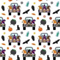 vektorkarikatur halloween nahtloses muster mit gnomen auf schwarzem lkw, süßigkeiten, hexenkessel, sarg, fledermaus, katze. isoliert auf weißem Hintergrund. vektor