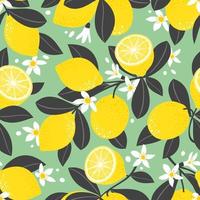 citron- sömlös mönster. citron- blomstrande grenar. citron- frukter, halvor, blommor, löv på en grön bakgrund. vektor