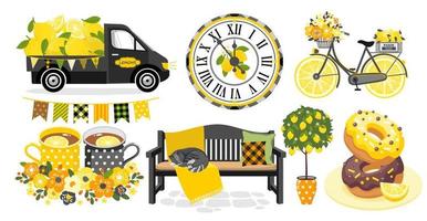 citron- cliparts uppsättning. en lastbil med citroner, en cykel med en blomma korg, en bänk, glaserad munkar, en träd. vektor