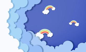 schöne flauschige Wolken auf blauem Himmelshintergrund mit Regenbogen. Vektor-Illustration. Papierschnitt-Stil. Platz für Texte