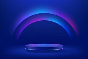 abstraktes realistisches 3d blaues zylindersockelpodium mit sci-fi dunkelblauer abstrakter raum mit halbkreis leuchtender neonlichtszene. Vektor-Rendering-Produktdisplay-Präsentation. futuristische Szene. vektor