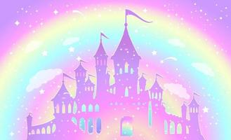 Silhouette eines magischen Prinzessinnenpalastes auf einem Hintergrund eines Regenbogenhimmels mit Sternen. vektor