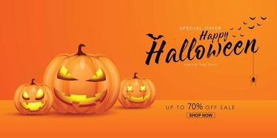 Halloween 70 Rabatt-Werbeplakat oder Banner mit Halloween-Kürbis auf orangefarbenem Hintergrund. Vektorillustration Folge 10 vektor