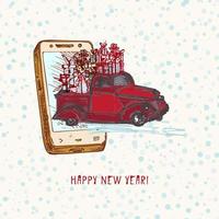 festliche weihnachten, neujahrskonzept feiertagslieferung. hand gezeichnetes smartphone und rotes auto mit tannenbaum geschmückten roten kugeln und geschenken auf schneebedecktem hintergrund text frohes neues jahr vektorillustrationen vektor