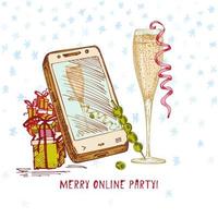 festliche weihnachten, neujahrskonzept urlaub online gruß party handgezeichnetes smartphone, geschenke, glas champagner auf schneebedecktem hintergrund text fröhliche online party vektorillustrationen vektor