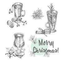 uppsättning av hand dragen jul vinter- kryddor mönster, glasögon av traditionellt varm vinter- drycker och vin flaska . Bra aning för mallar meny, recept, hälsning kort. vektor illustration