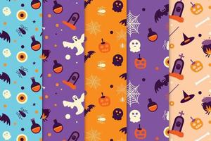 halloween nahtlose mustersammlung auf lila und orange hintergründen. abstraktes Halloween-Musterpaket für Buchumschläge und Tapeten. halloween-musterset mit geistern und hexereielementen. vektor