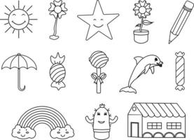 söt saker färg sida annorlunda isolerat element på de vit bakgrund. söt översikt illustration för barn med Sol, blomma, stjärnor, penna, paraply, godis, klubba, fisk, regnbåge, kaktus. vektor