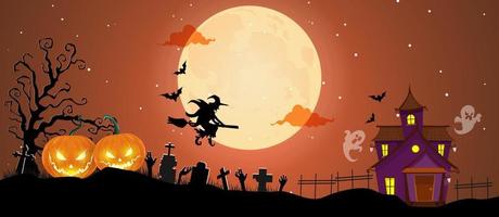 die Silhouette einer Hexe fliegt über das Grab. Halloween-Hintergrund mit gespenstischem Baum und Geist