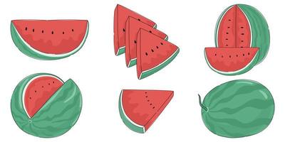 vattenmelon vektor uppsättning designad i klotter stil på vit bakgrund. för dekoration, digital skriva ut, klistermärke, frukt illustration, frukt affär, kort, konst för barn och Mer