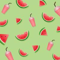 wassermelonenhintergrundmuster, flaches design von grünen blättern und blumen- und wassermelonensaftillustration, frisches und saftiges fruchtkonzept der sommernahrung. vektor