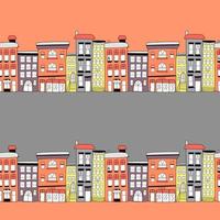vektor sömlös mönster med färgrik söt klotter stil hus på en färgad bakgrund, färgrik stad gata. barns illustration för vykort, förpackning, tapet, tyger