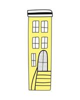 Vektor niedliches gelbes hohes Haus mit Fenstern, Illustration im Doodle-Stil. Kinderillustration für T-Shirt-Drucke, Postkarten, Poster, Geschenke.