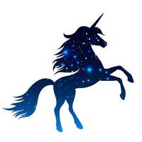 silhuett av en uppfödning enhörning. blå silhuett av de natt starry himmel i de form av en enhörning.