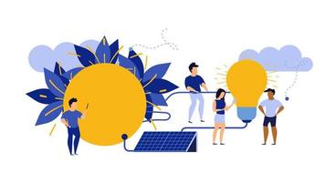 eco energi vektor alternativ ekologi illustration rena miljö. kraft sol- förnybar natur panel med människor. elektrisk jord Sol företag teknologi global värld. baner återvinna generator