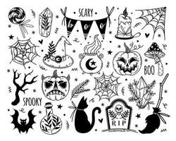 Halloween-Vektor-Icon-Set. Herbstferiensymbol - Kürbis, schwarze Katze, Fledermaus, Spinnennetz, Hexenkristall, magische Elemente. karikaturgekritzel lokalisiert auf weiß. Umriss für saisonale Dekorationen
