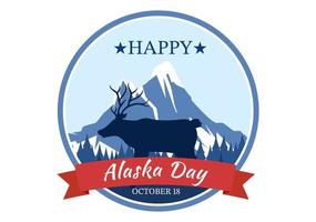 Lycklig alaska dag på oktober 18 hand dragen tecknad serie platt illustration med flagga vinka i vinter- landskap i mall för baner eller affisch vektor